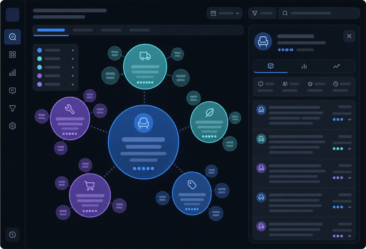 Double new-product hit rate with review NLP — Illustrative interface concept — not a shipped product